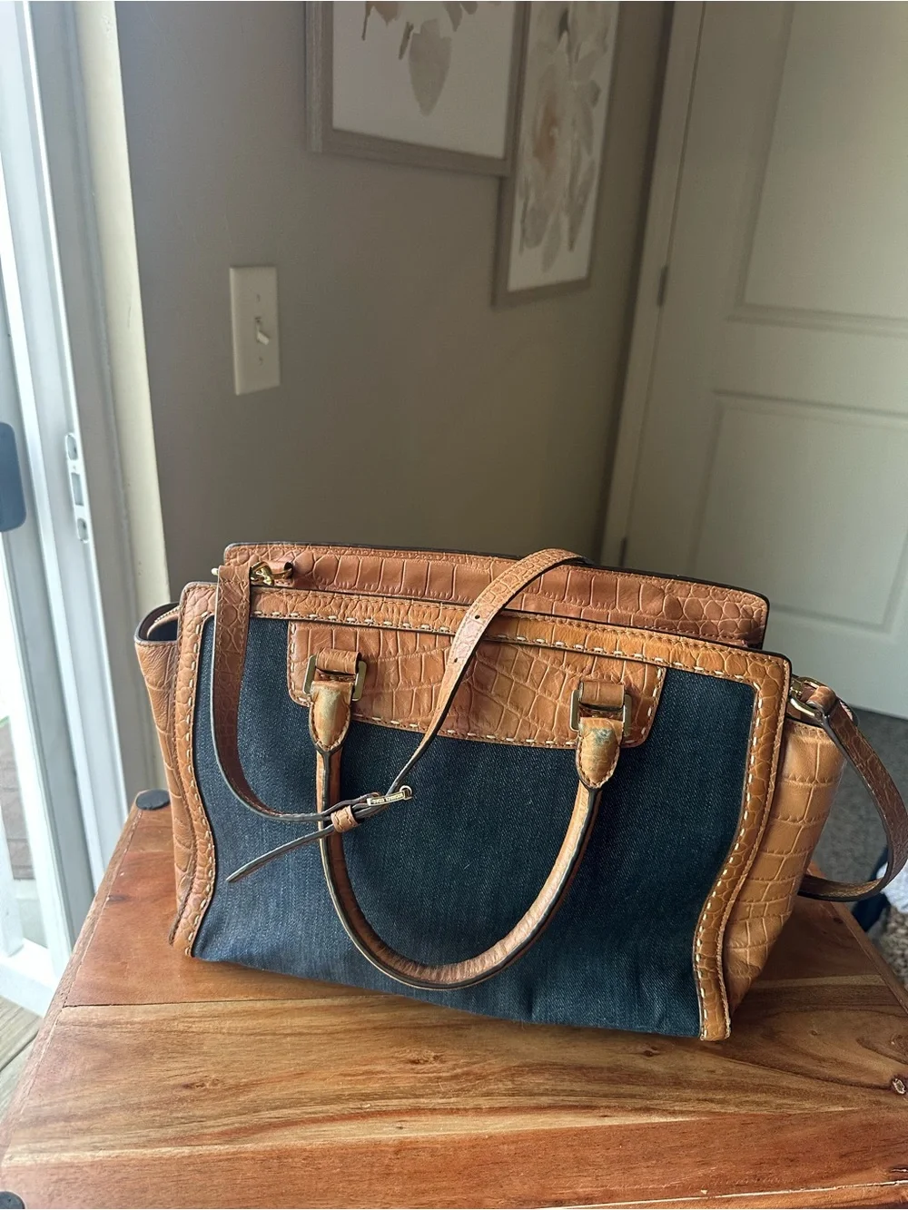 Michael Kors SelmaBrown Croc-Embossed Leather & Denim Canvas Satchel - Picture 2 of 5